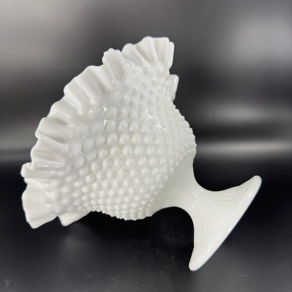 Fenton White Hobnail Footed Compote Ruffled Rim Edges Pedestal Bowl Dish Vintage - Picture 9 of 16